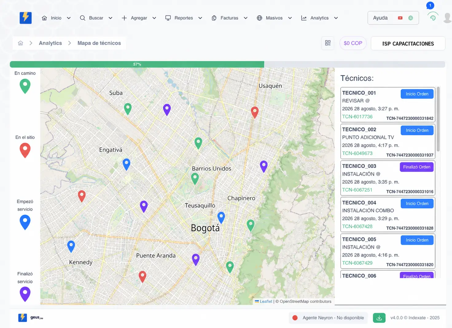 Mapa de técnicos de Geus ISP sobre Bogotá con catorce marcadores simulados y una lista anonimizada de técnicos.