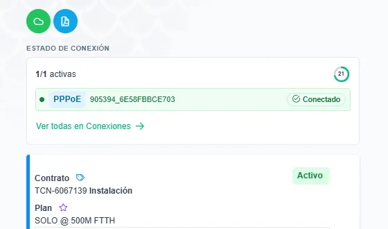 Detalle de un contrato activo con una conexión PPPoE marcada como conectada y el perfil del plan.